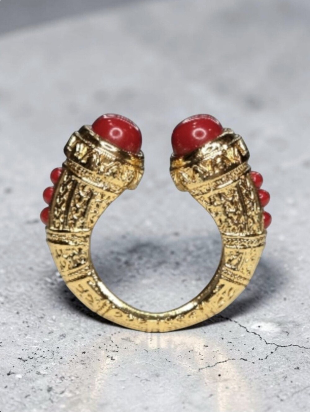 Fierce 18k Gold Plated Byzantine Coral Cabochon Ornate Band Ring